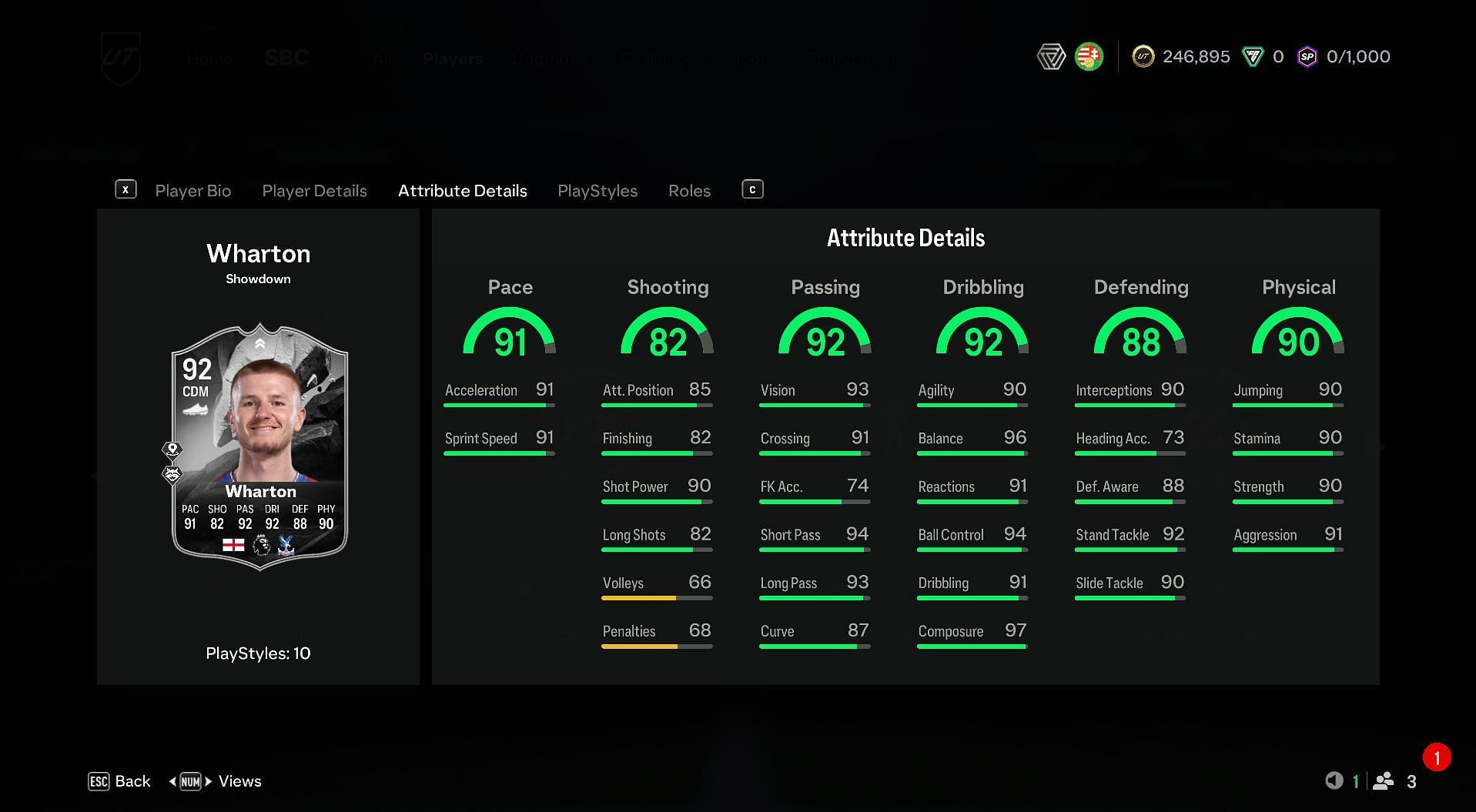 Wharton's attributes from Adam Wharton vs Rico Lewis Showdown SBCs (Image via EA Sports)